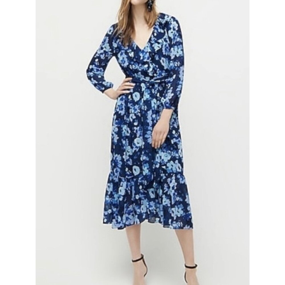 J.Crew Women's Wrap Dress Size 8 Watercolors Begonias Meadows Blue Floral
